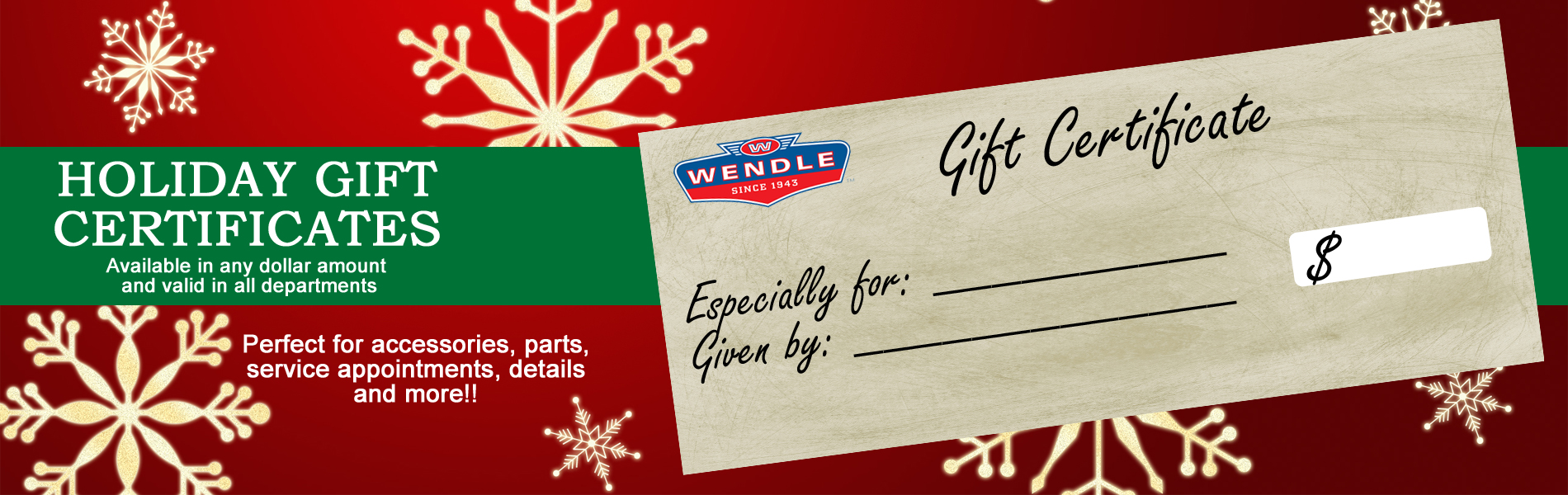 Buy a gift certificate at Wendle Ford Nissan for accessories, parts, service appointments details and more.